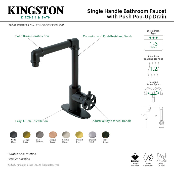 Kingston Sona KSD144RXBN - Belknap One-Handle 1-Hole Bathroom Faucet with Deck Plate and Push Pop-Up Drain, Brushed Nickel