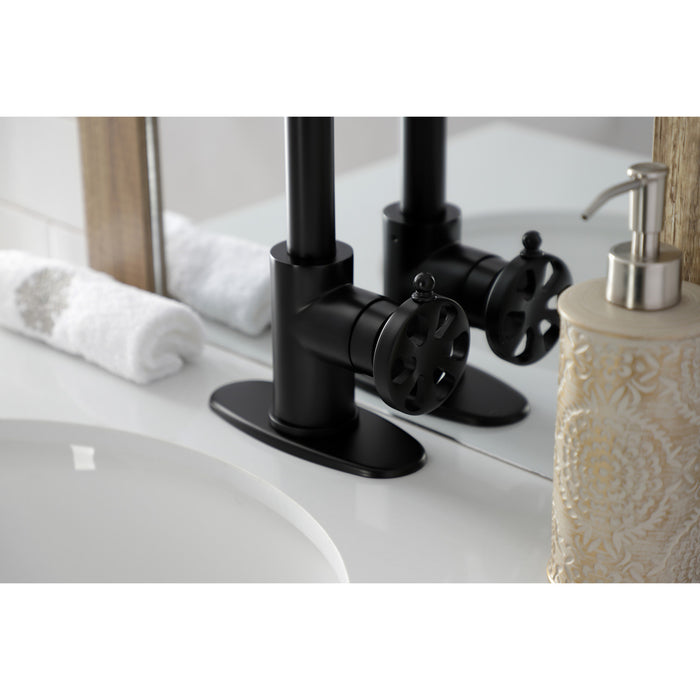 Kingston Sona KSD144RXMB - Belknap One-Handle 1-Hole Bathroom Faucet with Deck Plate and Push Pop-Up Drain, Matte Black