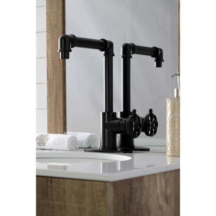 Kingston Sona KSD144RXMB - Belknap One-Handle 1-Hole Bathroom Faucet with Deck Plate and Push Pop-Up Drain, Matte Black