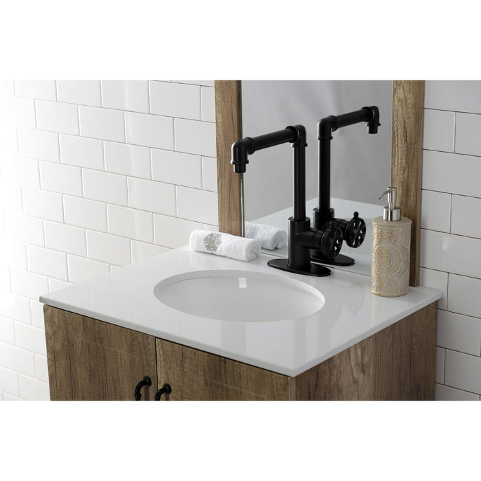 Kingston Sona KSD144RXMB - Belknap One-Handle 1-Hole Bathroom Faucet with Deck Plate and Push Pop-Up Drain, Matte Black
