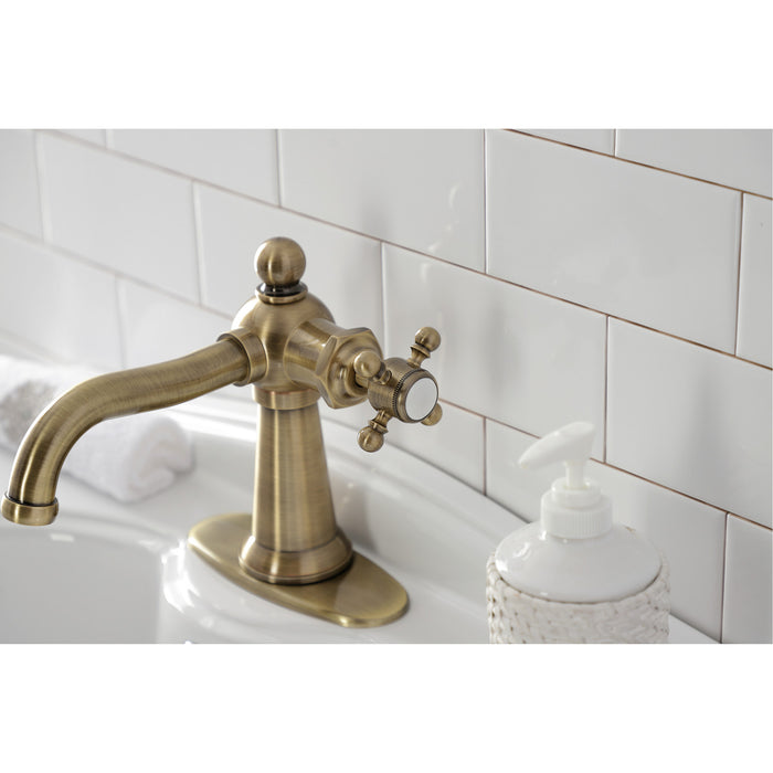 Kingston Heirloom KSD154BXAB - Nautical One-Handle 1-Hole Bathroom Faucet with Deck Plate and Push Pop-Up Drain, Antique Brass