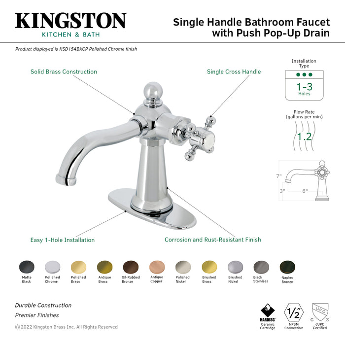 Kingston Heirloom KSD154BXBN - Nautical One-Handle 1-Hole Bathroom Faucet with Deck Plate and Push Pop-Up Drain, Brushed Nickel