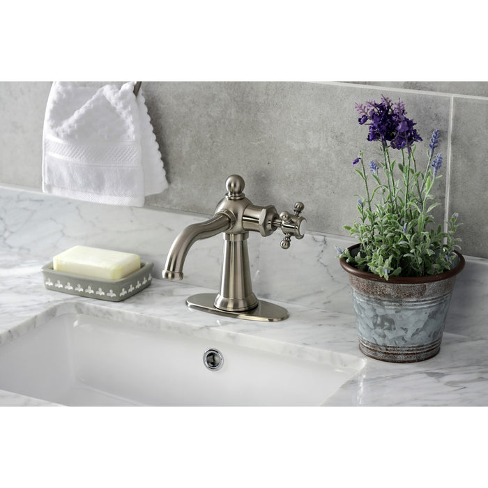 Kingston Heirloom KSD154BXBN - Nautical One-Handle 1-Hole Bathroom Faucet with Deck Plate and Push Pop-Up Drain, Brushed Nickel