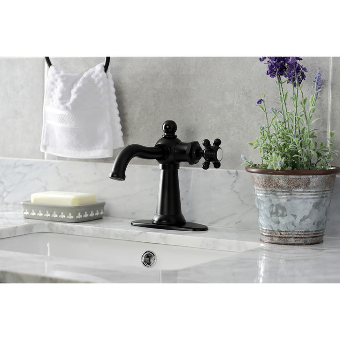 Kingston Heirloom KSD154BXMB - Nautical One-Handle 1-Hole Bathroom Faucet with Deck Plate and Push Pop-Up Drain, Matte Black