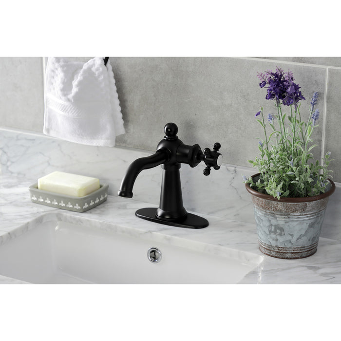 Kingston Heirloom KSD154BXMB - Nautical One-Handle 1-Hole Bathroom Faucet with Deck Plate and Push Pop-Up Drain, Matte Black