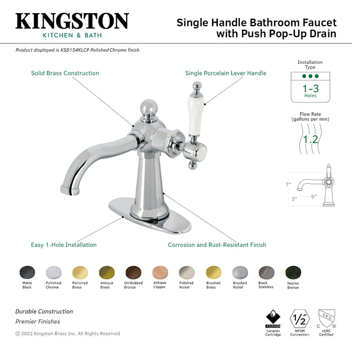 Nautical KSD154KLAB One-Handle 1-Hole Bathroom Faucet with Deck Plate and Push Pop-Up Drain, Antique Brass