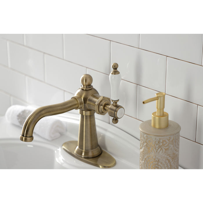 Nautical KSD154KLAB One-Handle 1-Hole Bathroom Faucet with Deck Plate and Push Pop-Up Drain, Antique Brass