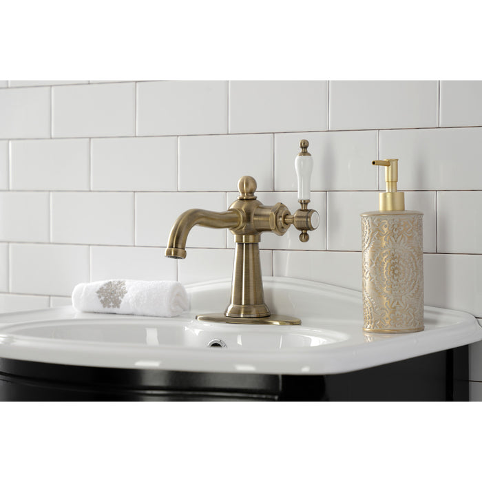 Nautical KSD154KLAB One-Handle 1-Hole Bathroom Faucet with Deck Plate and Push Pop-Up Drain, Antique Brass