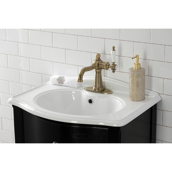 Nautical KSD154KLAB One-Handle 1-Hole Bathroom Faucet with Deck Plate and Push Pop-Up Drain, Antique Brass