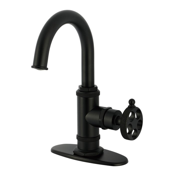 Kingston Sona KSD2210RKX - Webb One-Handle 1-Hole Bathroom Faucet with Knurled Handle, Deck Plate, and Push Pop-Up Drain, Matte Black