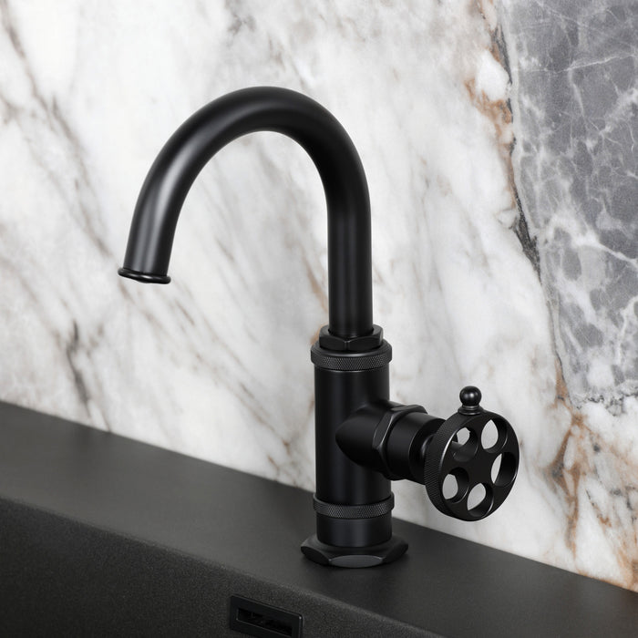 Kingston Sona KSD2210RKZ - Wendell One-Handle 1-Hole Bathroom Faucet with Knurled Handle, Deck Plate, and Push Pop-Up Drain, Matte Black