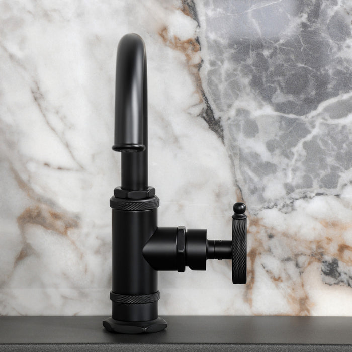 Kingston Sona KSD2210RKZ - Wendell One-Handle 1-Hole Bathroom Faucet with Knurled Handle, Deck Plate, and Push Pop-Up Drain, Matte Black