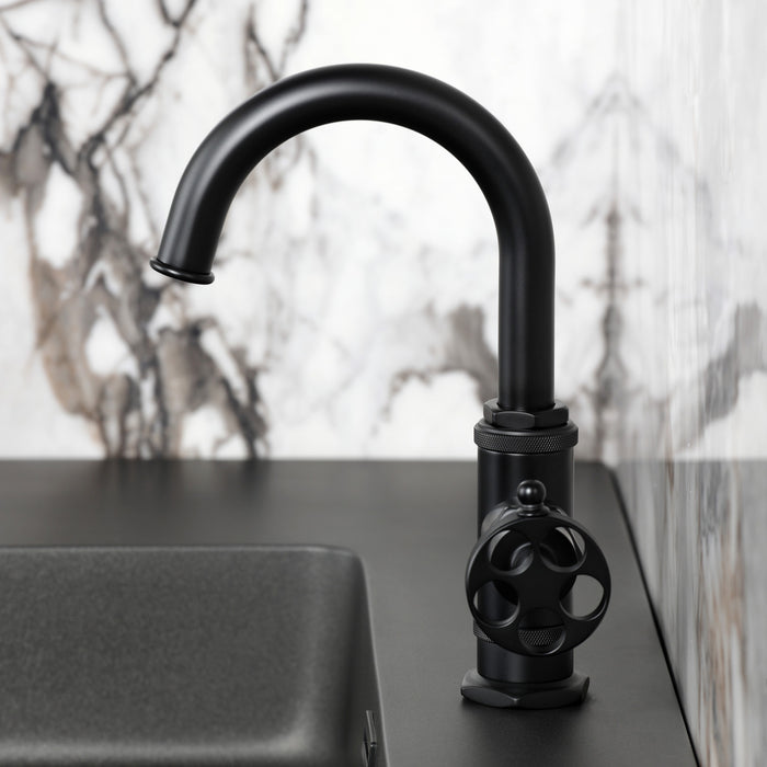 Kingston Sona KSD2210RKZ - Wendell One-Handle 1-Hole Bathroom Faucet with Knurled Handle, Deck Plate, and Push Pop-Up Drain, Matte Black