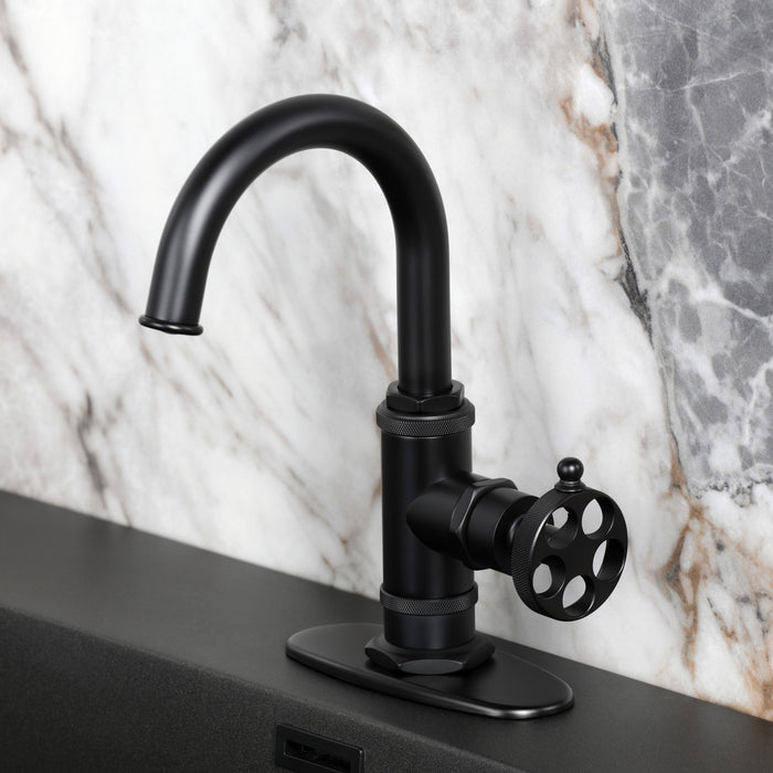 Kingston Sona KSD2210RKZ - Wendell One-Handle 1-Hole Bathroom Faucet with Knurled Handle, Deck Plate, and Push Pop-Up Drain, Matte Black
