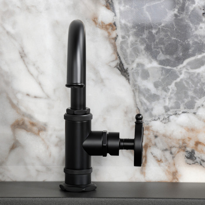 Kingston Sona KSD2210RX - Belknap One-Handle 1-Hole Bathroom Faucet with Deck Plate and Push Pop-Up Drain, Matte Black