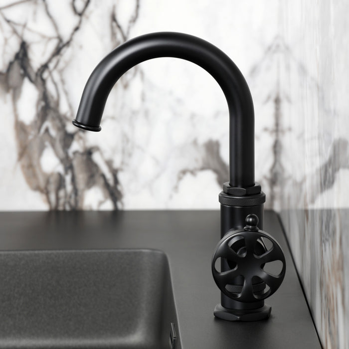 Kingston Sona KSD2210RX - Belknap One-Handle 1-Hole Bathroom Faucet with Deck Plate and Push Pop-Up Drain, Matte Black