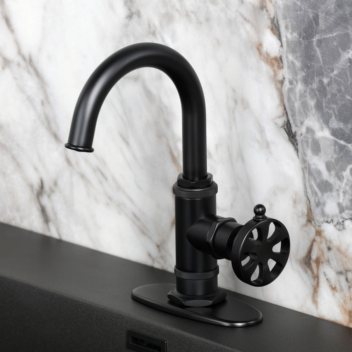 Kingston Sona KSD2210RX - Belknap One-Handle 1-Hole Bathroom Faucet with Deck Plate and Push Pop-Up Drain, Matte Black
