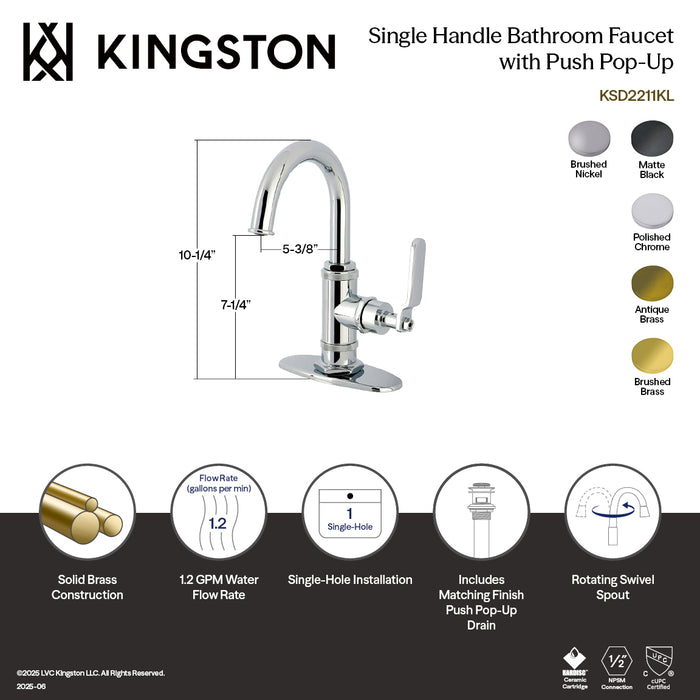 Kingston Sona KSD2211KL - Whitaker One-Handle 1-Hole Bathroom Faucet with Deck Plate and Push Pop-Up Drain, Polished Chrome