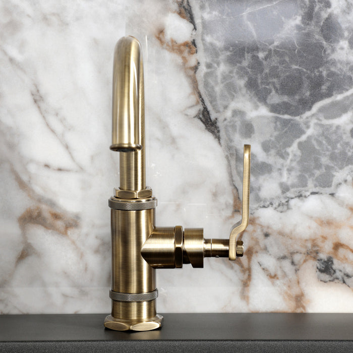 Kingston Sona KSD2213KL - Whitaker One-Handle 1-Hole Bathroom Faucet with Deck Plate and Push Pop-Up Drain, Antique Brass