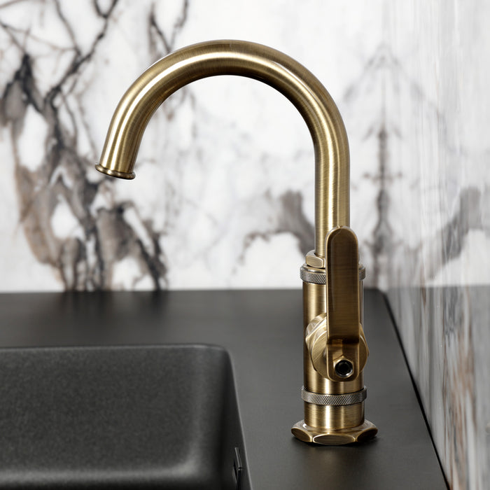 Kingston Sona KSD2213KL - Whitaker One-Handle 1-Hole Bathroom Faucet with Deck Plate and Push Pop-Up Drain, Antique Brass