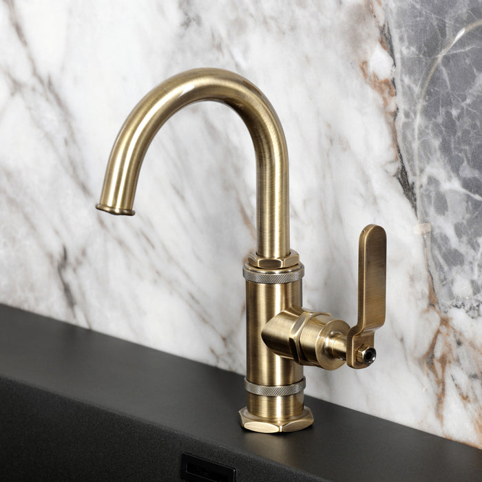 Kingston Sona KSD2213KL - Whitaker One-Handle 1-Hole Bathroom Faucet with Deck Plate and Push Pop-Up Drain, Antique Brass