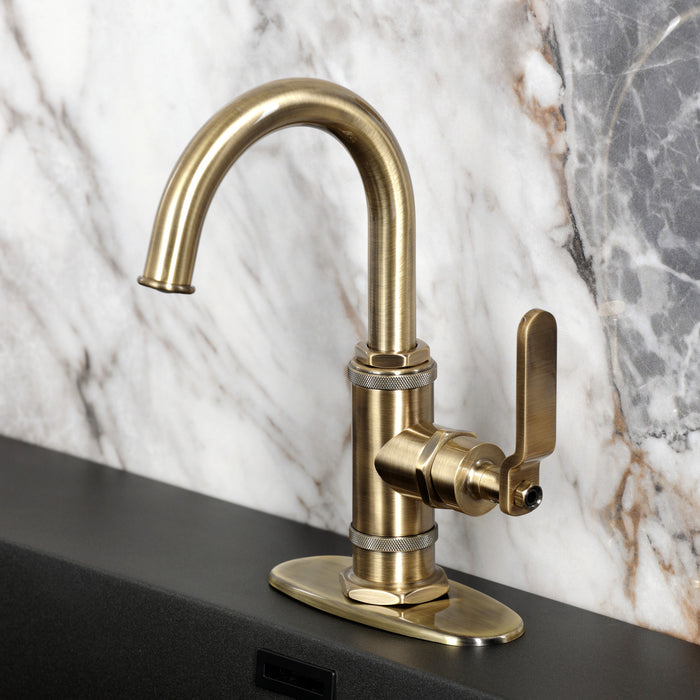 Kingston Sona KSD2213KL - Whitaker One-Handle 1-Hole Bathroom Faucet with Deck Plate and Push Pop-Up Drain, Antique Brass