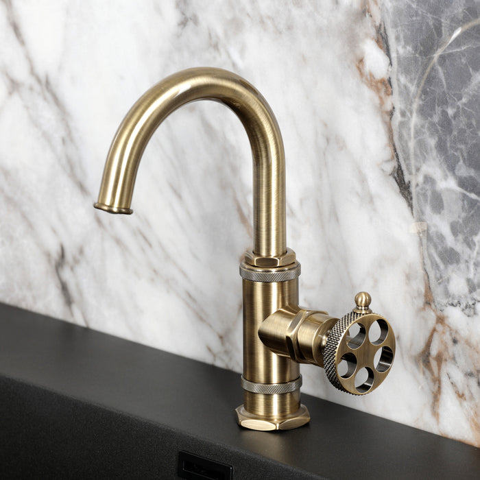 Kingston Sona KSD2213RKX - Webb One-Handle 1-Hole Bathroom Faucet with Knurled Handle, Deck Plate, and Push Pop-Up Drain, Antique Brass