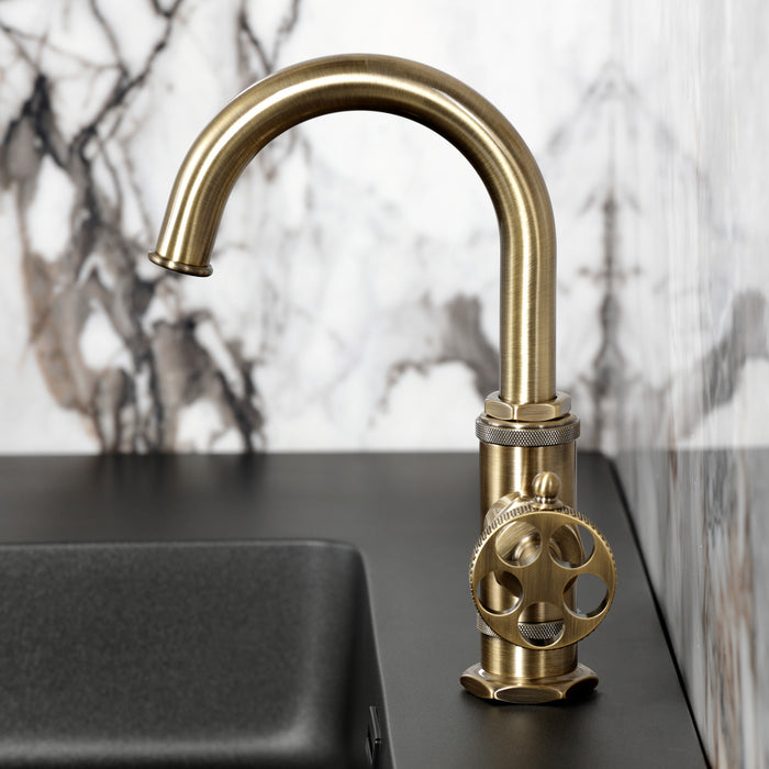 Kingston Sona KSD2213RKX - Webb One-Handle 1-Hole Bathroom Faucet with Knurled Handle, Deck Plate, and Push Pop-Up Drain, Antique Brass