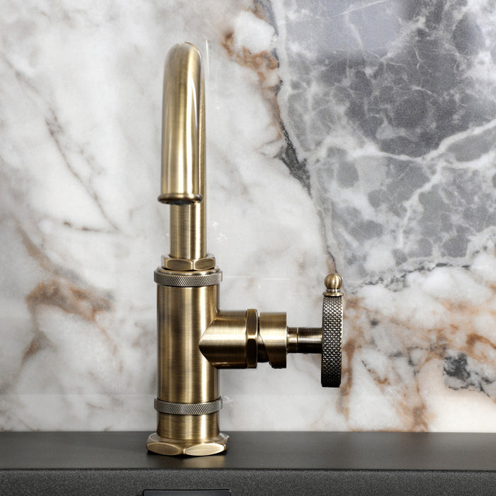 Kingston Sona KSD2213RKX - Webb One-Handle 1-Hole Bathroom Faucet with Knurled Handle, Deck Plate, and Push Pop-Up Drain, Antique Brass
