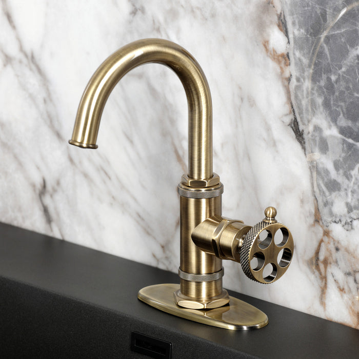 Kingston Sona KSD2213RKX - Webb One-Handle 1-Hole Bathroom Faucet with Knurled Handle, Deck Plate, and Push Pop-Up Drain, Antique Brass