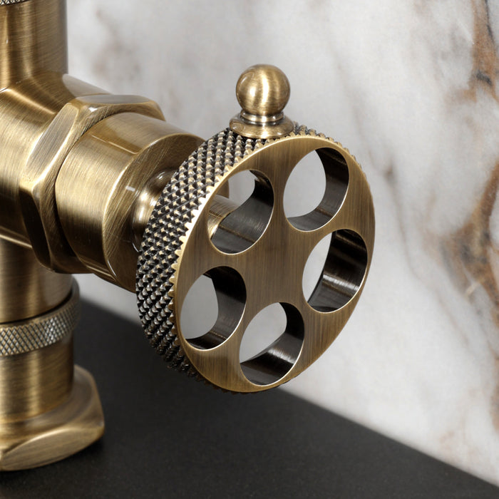 Kingston Sona KSD2213RKX - Webb One-Handle 1-Hole Bathroom Faucet with Knurled Handle, Deck Plate, and Push Pop-Up Drain, Antique Brass