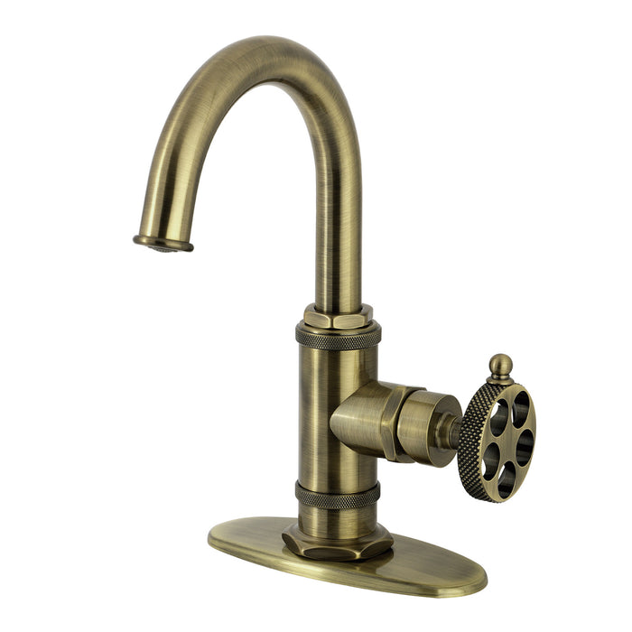 Kingston Sona KSD2213RKX - Webb One-Handle 1-Hole Bathroom Faucet with Knurled Handle, Deck Plate, and Push Pop-Up Drain, Antique Brass