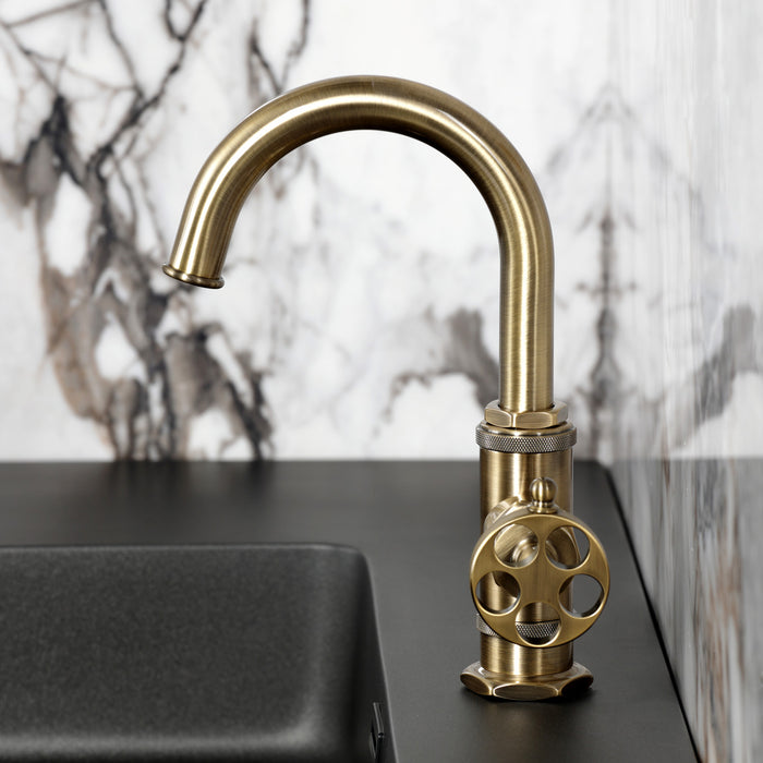 Kingston Sona KSD2213RKZ - Wendell One-Handle 1-Hole Bathroom Faucet with Knurled Handle, Deck Plate, and Push Pop-Up Drain, Antique Brass