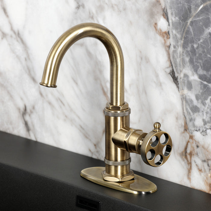 Kingston Sona KSD2213RKZ - Wendell One-Handle 1-Hole Bathroom Faucet with Knurled Handle, Deck Plate, and Push Pop-Up Drain, Antique Brass