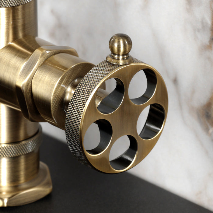 Kingston Sona KSD2213RKZ - Wendell One-Handle 1-Hole Bathroom Faucet with Knurled Handle, Deck Plate, and Push Pop-Up Drain, Antique Brass