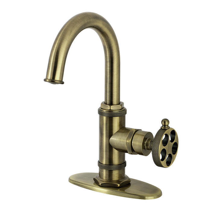 Kingston Sona KSD2213RKZ - Wendell One-Handle 1-Hole Bathroom Faucet with Knurled Handle, Deck Plate, and Push Pop-Up Drain, Antique Brass