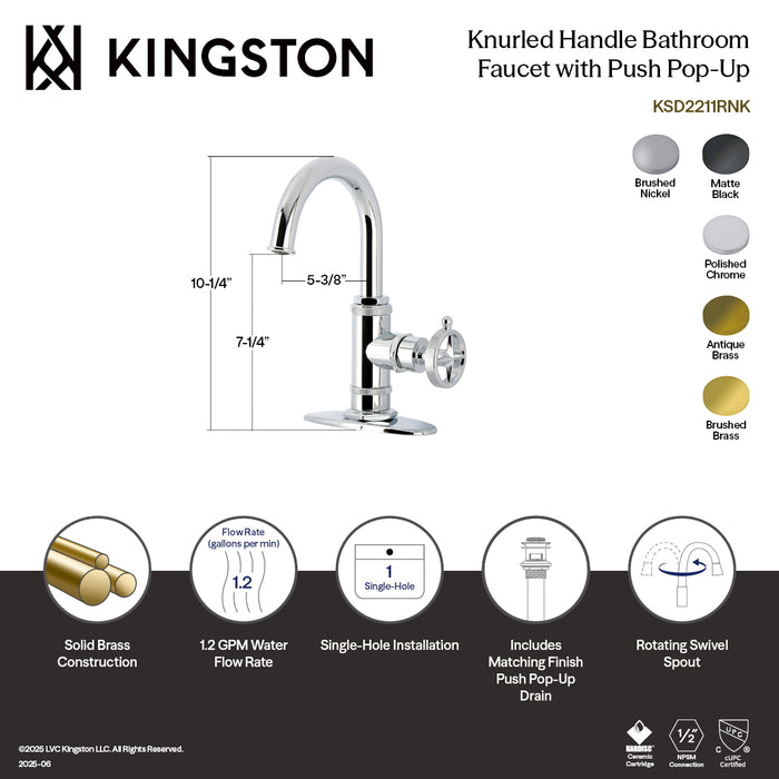 Kingston Sona KSD2213RNK - Levante One-Handle 1-Hole Bathroom Faucet with Deck Plate and Push Pop-Up Drain, Antique Brass