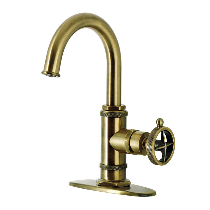Kingston Sona KSD2213RNK - Levante One-Handle 1-Hole Bathroom Faucet with Deck Plate and Push Pop-Up Drain, Antique Brass