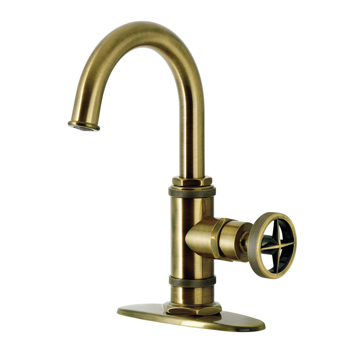 Kingston Sona KSD2213RNX - Ostro One-Handle 1-Hole Bathroom Faucet with Deck Plate and Push Pop-Up Drain, Antique Brass