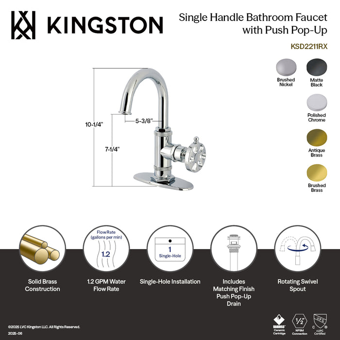 Kingston Sona KSD2213RX - Belknap One-Handle 1-Hole Bathroom Faucet with Deck Plate and Push Pop-Up Drain, Antique Brass