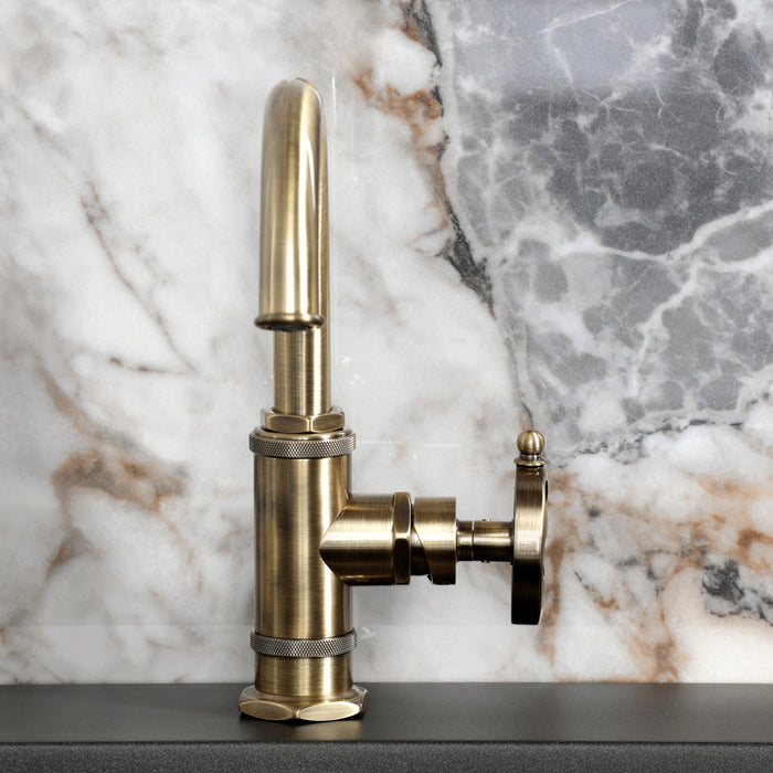 Kingston Sona KSD2213RX - Belknap One-Handle 1-Hole Bathroom Faucet with Deck Plate and Push Pop-Up Drain, Antique Brass