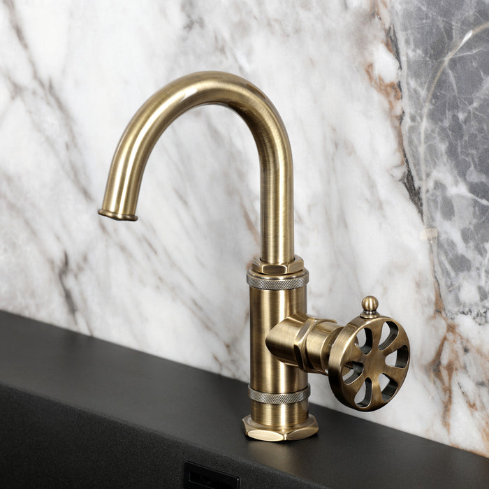 Kingston Sona KSD2213RX - Belknap One-Handle 1-Hole Bathroom Faucet with Deck Plate and Push Pop-Up Drain, Antique Brass
