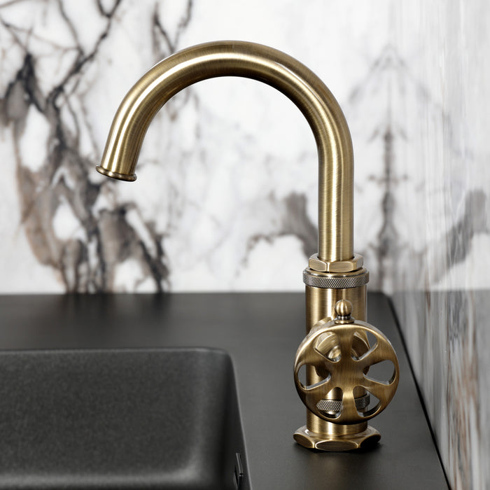 Kingston Sona KSD2213RX - Belknap One-Handle 1-Hole Bathroom Faucet with Deck Plate and Push Pop-Up Drain, Antique Brass