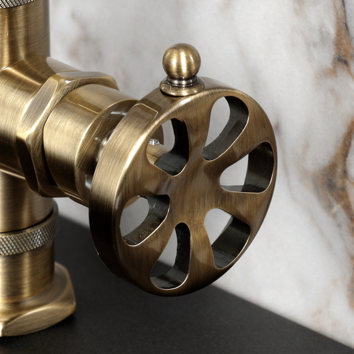 Kingston Sona KSD2213RX - Belknap One-Handle 1-Hole Bathroom Faucet with Deck Plate and Push Pop-Up Drain, Antique Brass