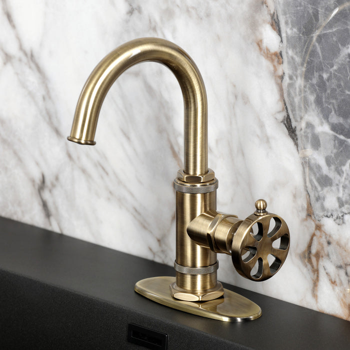 Kingston Sona KSD2213RX - Belknap One-Handle 1-Hole Bathroom Faucet with Deck Plate and Push Pop-Up Drain, Antique Brass