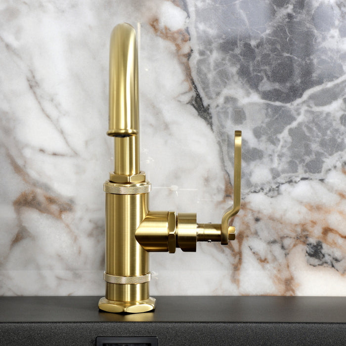 Kingston Sona KSD2217KL - Whitaker One-Handle 1-Hole Bathroom Faucet with Deck Plate and Push Pop-Up Drain, Brushed Brass