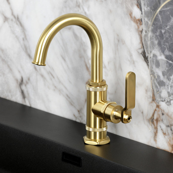 Kingston Sona KSD2217KL - Whitaker One-Handle 1-Hole Bathroom Faucet with Deck Plate and Push Pop-Up Drain, Brushed Brass