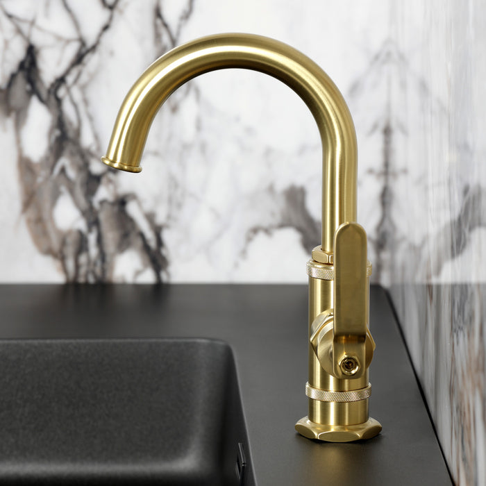Kingston Sona KSD2217KL - Whitaker One-Handle 1-Hole Bathroom Faucet with Deck Plate and Push Pop-Up Drain, Brushed Brass