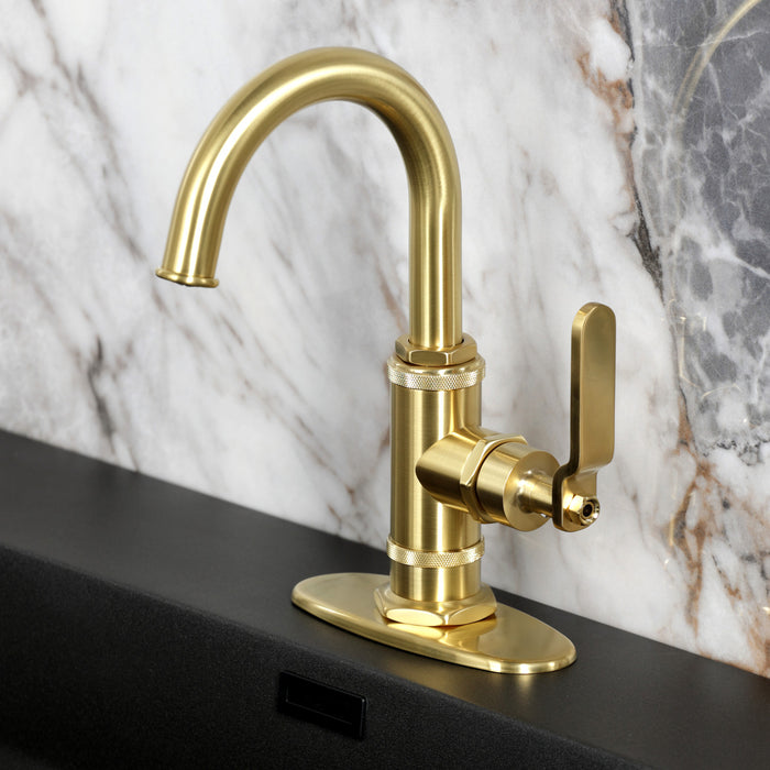 Kingston Sona KSD2217KL - Whitaker One-Handle 1-Hole Bathroom Faucet with Deck Plate and Push Pop-Up Drain, Brushed Brass