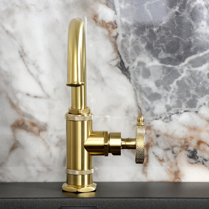 Kingston Sona KSD2217RKX - Webb One-Handle 1-Hole Bathroom Faucet with Knurled Handle, Deck Plate, and Push Pop-Up Drain, Brushed Brass